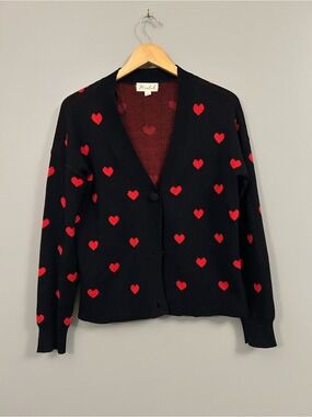 Marled Black Cardigan with Red Heart Pattern